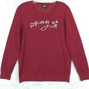 DKNY Womens Sweater Red Pullover Knit Stars Sequins Glitter Logo Long Sleeve M‎
